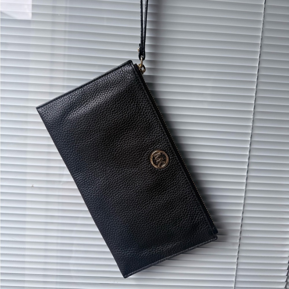 Michael Kors Black Pebbled Leather Wristlet with Gold MK Emblem